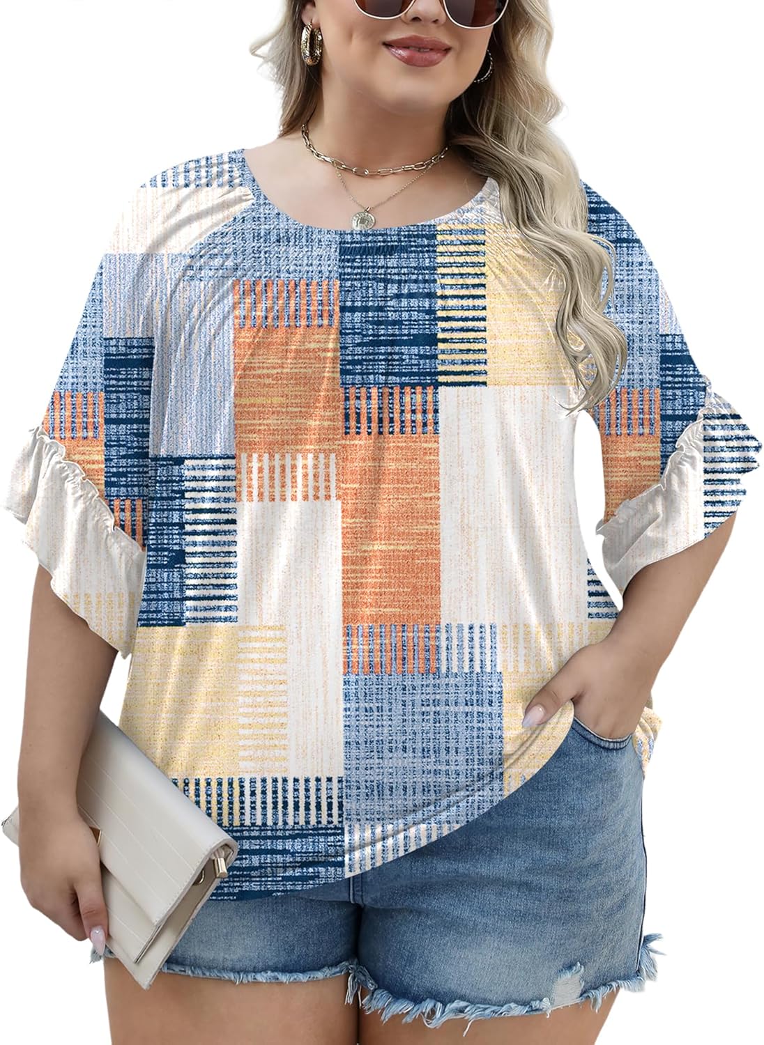 Micoson Womens Plus Size Tops 3/4 Ruffle Sleeve Shirts Crewneck Pleated Blouses Dressy Casual Fashion Tunic Top (1X-5X)