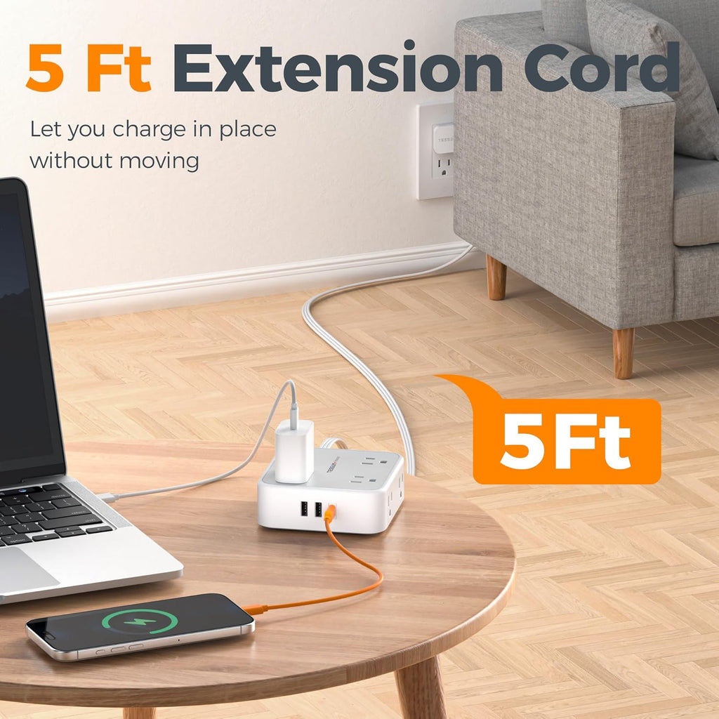 TESSAN Surge Protector Power Strip, 5 Ft Flat Plug Extension Cord with 3 USB (1 USB C) 8 Outlets, 900J Surge Protection, 3 Sided Outlet Extender with Power Switch for Office, Dorm Room Essentials