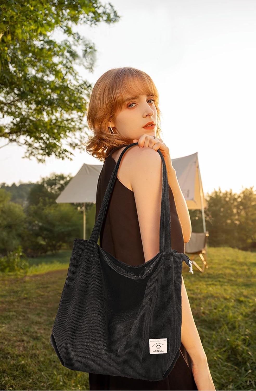 KALIDI Women Corduroy Tote Bag Zipper Casual Tote's Handbag Big Capacity Shoulder Bag with Pockets