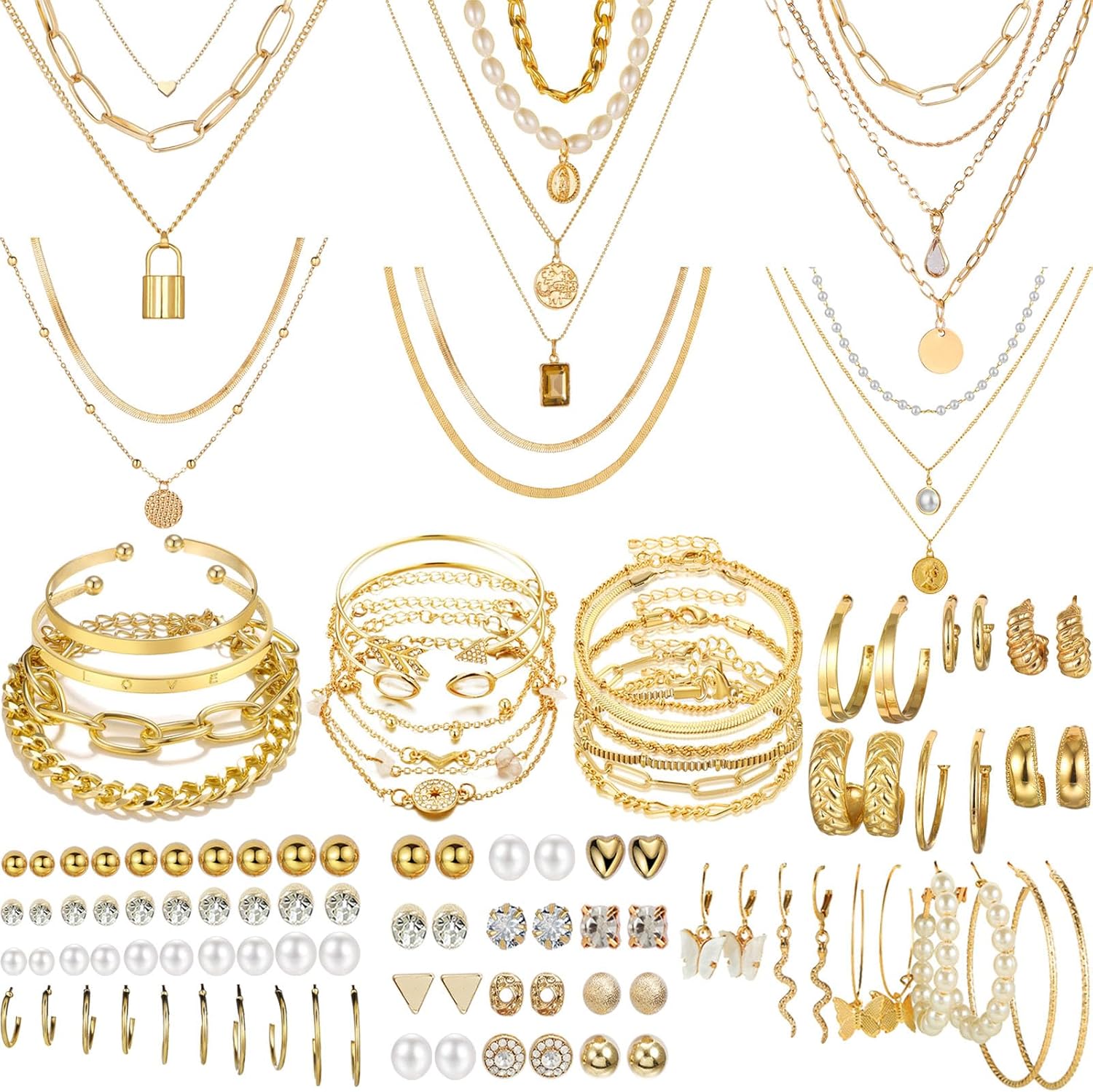 NEWITIN 69 Pieces Gold Jewelry Set for Women Fashion Costume Jewelry Gold Plated Necklace Bracelet Earrings Set for Women
