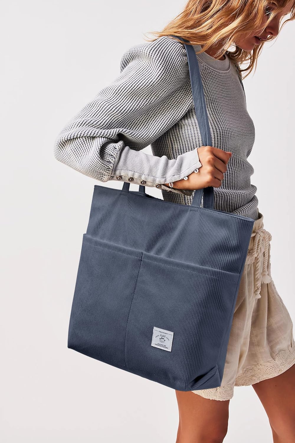 KALIDI Women Corduroy Tote Bag Zipper Casual Tote's Handbag Big Capacity Shoulder Bag with Pockets
