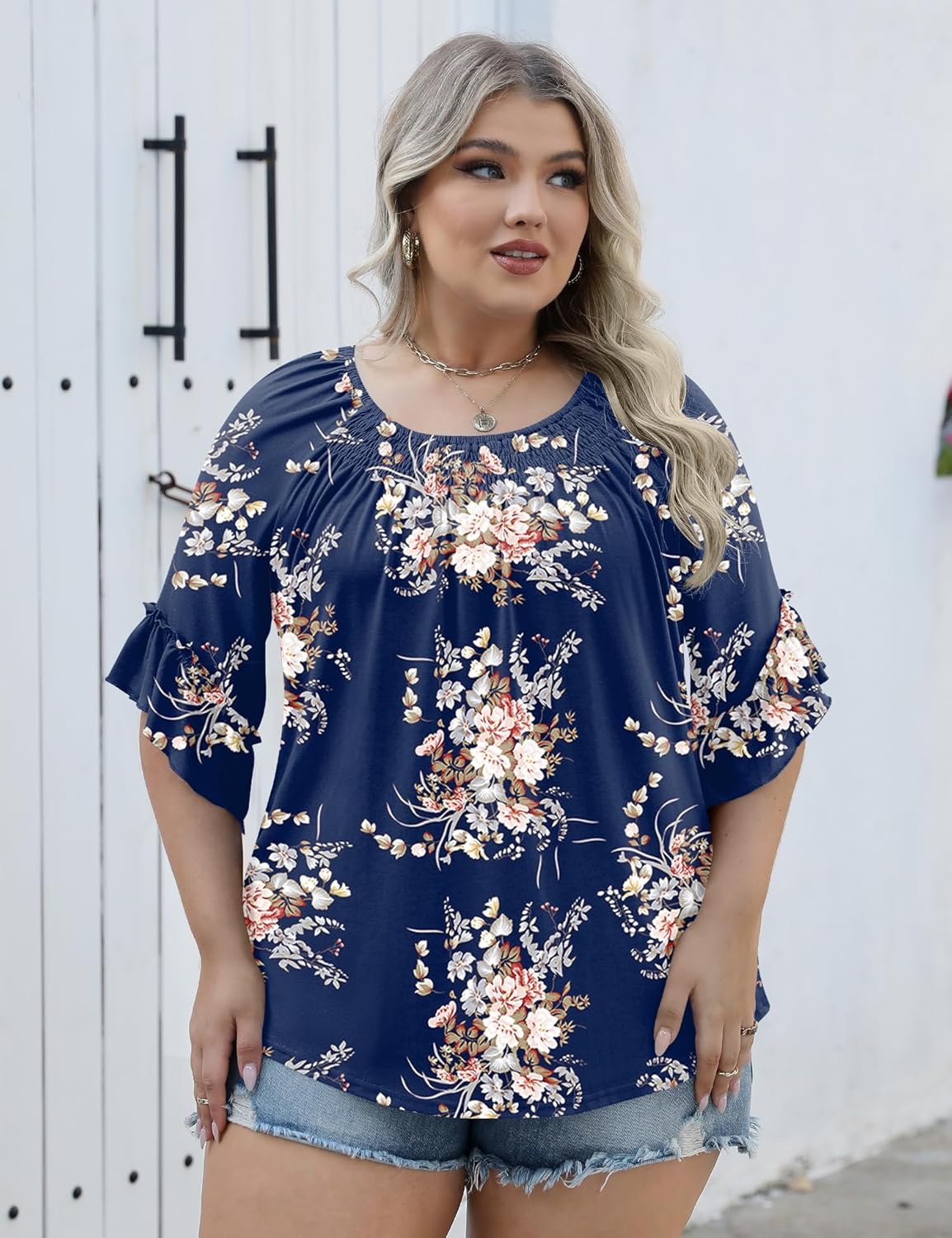 Micoson Womens Plus Size Tops 3/4 Ruffle Sleeve Shirts Crewneck Pleated Blouses Dressy Casual Fashion Tunic Top (1X-5X)