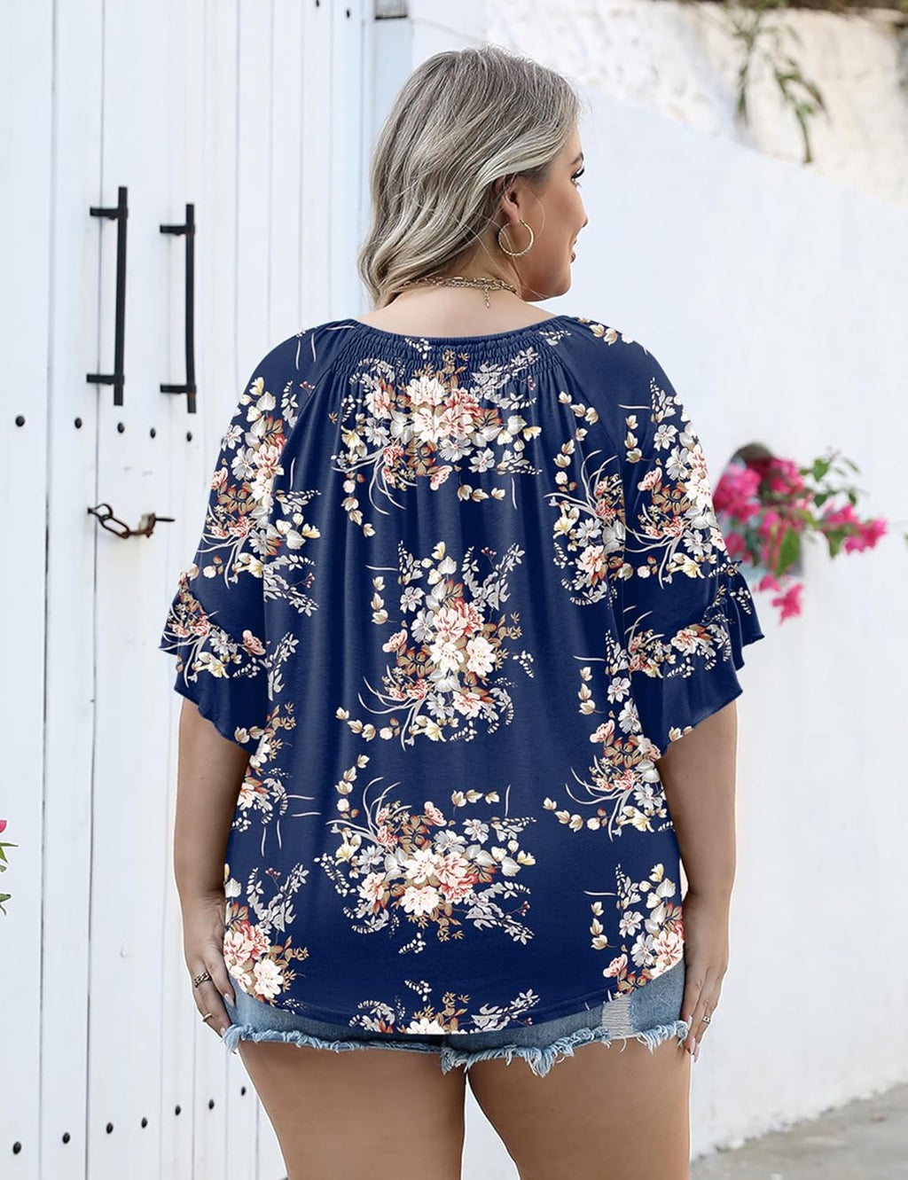 Micoson Womens Plus Size Tops 3/4 Ruffle Sleeve Shirts Crewneck Pleated Blouses Dressy Casual Fashion Tunic Top (1X-5X)