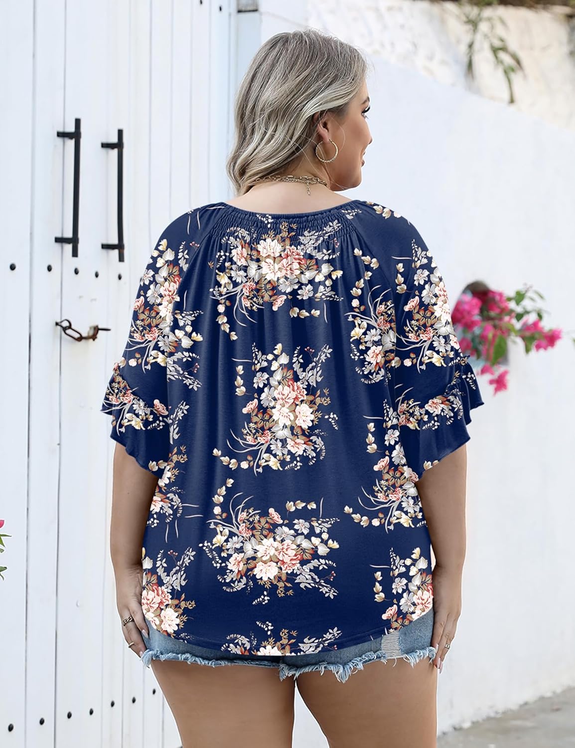 Micoson Womens Plus Size Tops 3/4 Ruffle Sleeve Shirts Crewneck Pleated Blouses Dressy Casual Fashion Tunic Top (1X-5X)