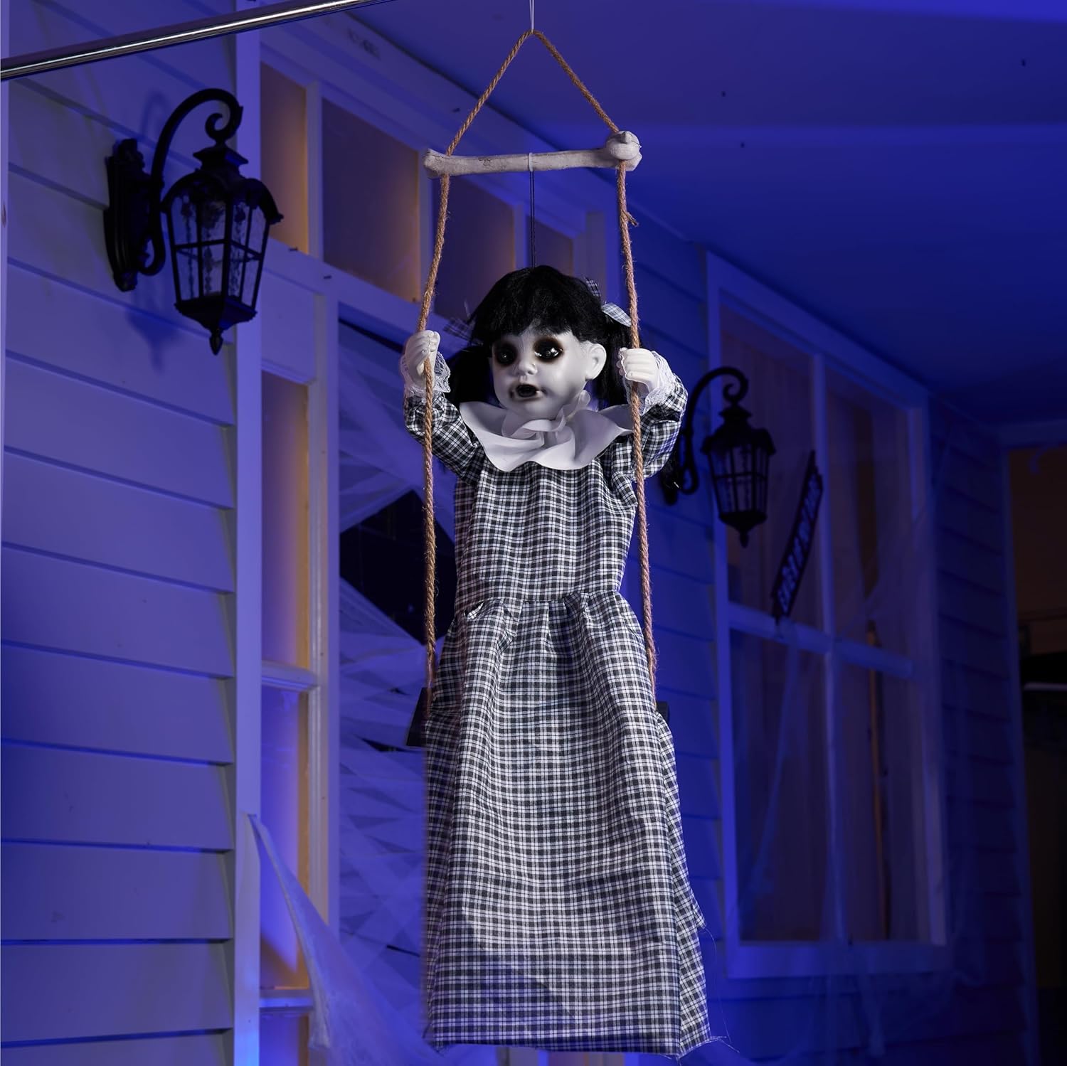 JOYIN Scary Halloween Decorations Outdoor, Halloween Hanging Scary Swing Girl Decorations Winging White Doll with Creepy Sound and Light Up Eyes Sound, Animatronics Hanging Decors Activated