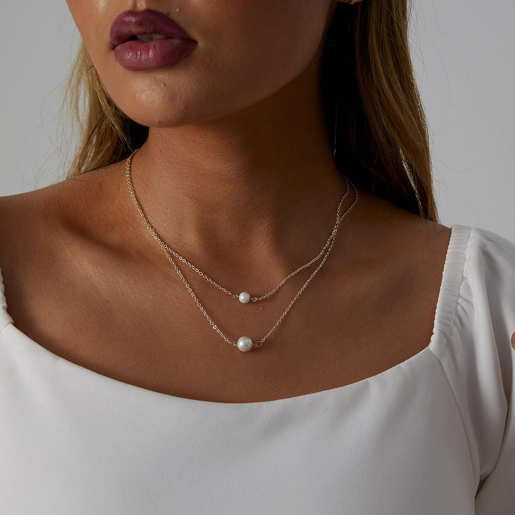 Dainty Pearl Pendant Necklaces for Women 14K Gold Plated Handmade Layered Pearl Chain Necklace Delicate Layered Pearl Necklace Everyday Jewelry Gift