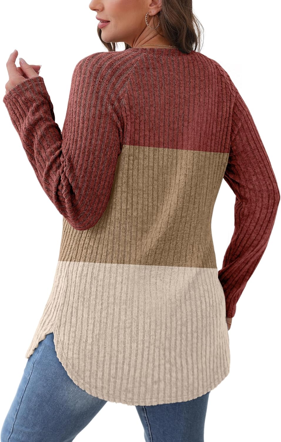 Saloogoe Long Sleeve Shirts for Women 2025 Fall Clothes Tunic Tops Loose Fit Dressy Crewneck Pullover Sweaters Curved Hem