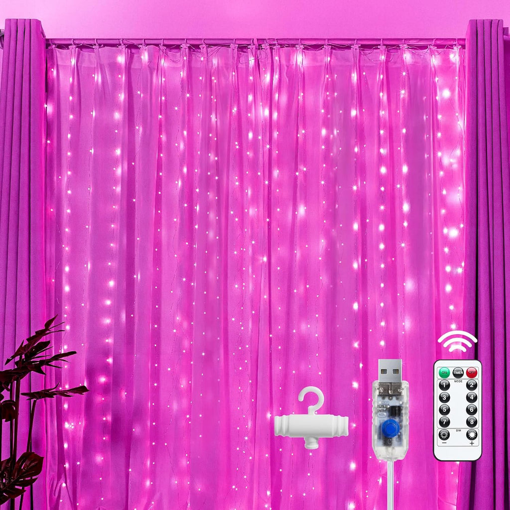 Brightown 300 LED Fairy Curtain Lights, 9.8ft x 9.8ft Warm White Curtain String Lights, USB Plug in 8 Lighting Modes Christmas Decoration, Hanging Lights with Remote for Bedroom Indoor Weddings Dorm