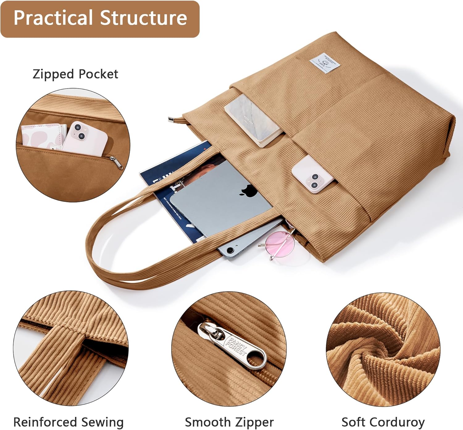 KALIDI Women Corduroy Tote Bag Zipper Casual Tote's Handbag Big Capacity Shoulder Bag with Pockets