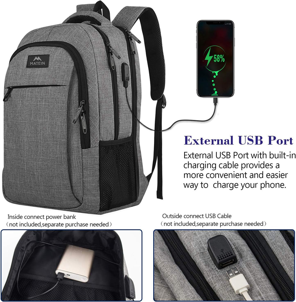MATEIN Travel Laptop Backpack, Business Anti Theft Slim Sturdy Laptops Backpack with USB Charging Port, Water Resistant College School Computer Bag Gift for Men & Women Fits 15.6 Inch Notebook, Grey