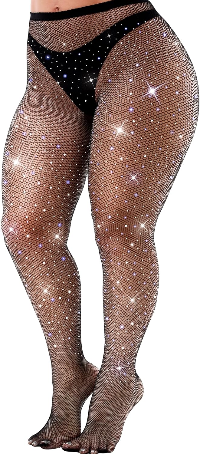 VEBZIN Sexy Sparkly Fishnets Stockings Jeweled High Waist Fishnet Tights for Women Rhinestone Party Pantyhose