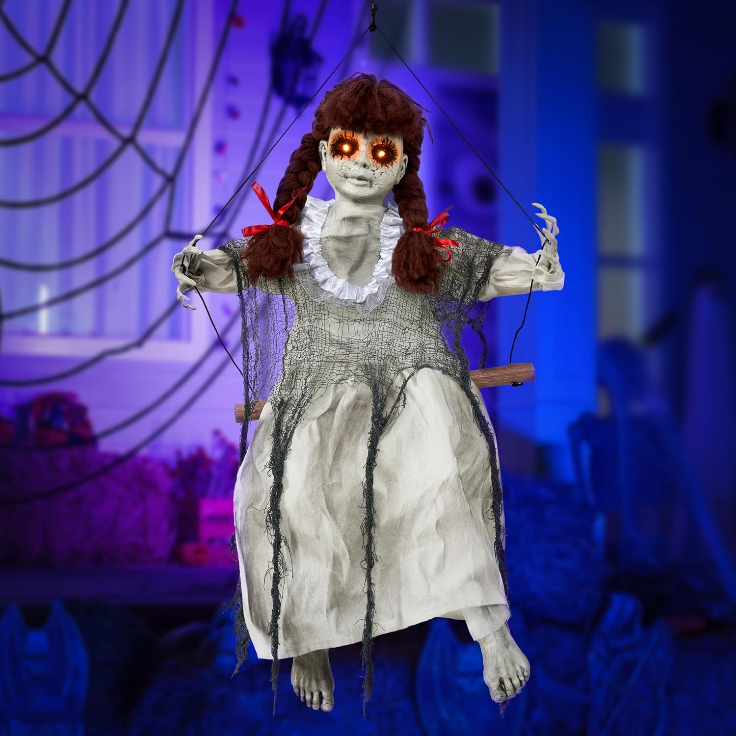 JOYIN Scary Halloween Decorations Outdoor, Halloween Hanging Scary Swing Girl Decorations Winging White Doll with Creepy Sound and Light Up Eyes Sound, Animatronics Hanging Decors Activated