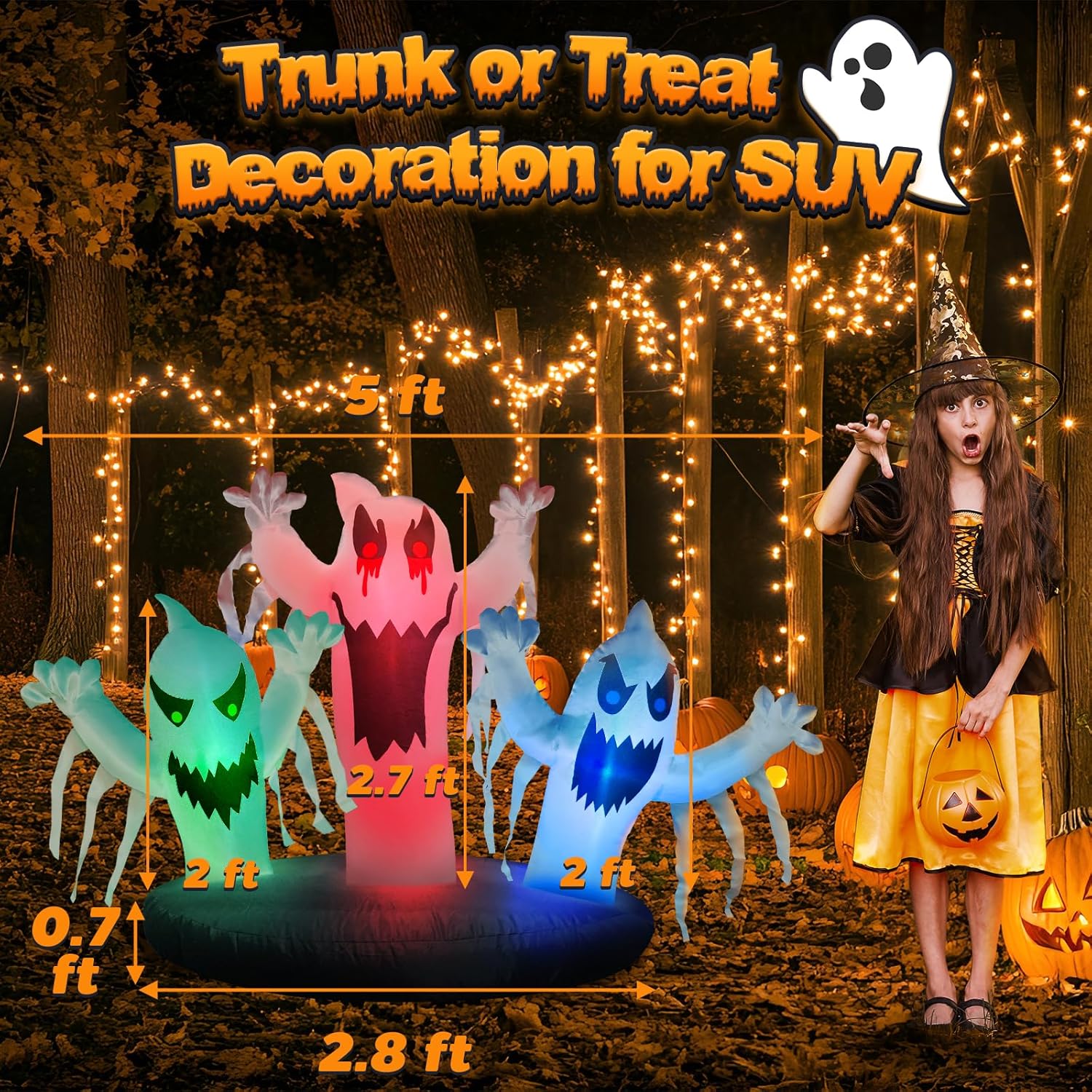 Trunk or Treat Car Decorations Kit Inflatable Ghost, Halloween Trunk or Treat Car Decorations, Halloween Inflatables Outdoor Decoration, Blow up Yard Decoration Inflatable Ghost with Built-in LEDs