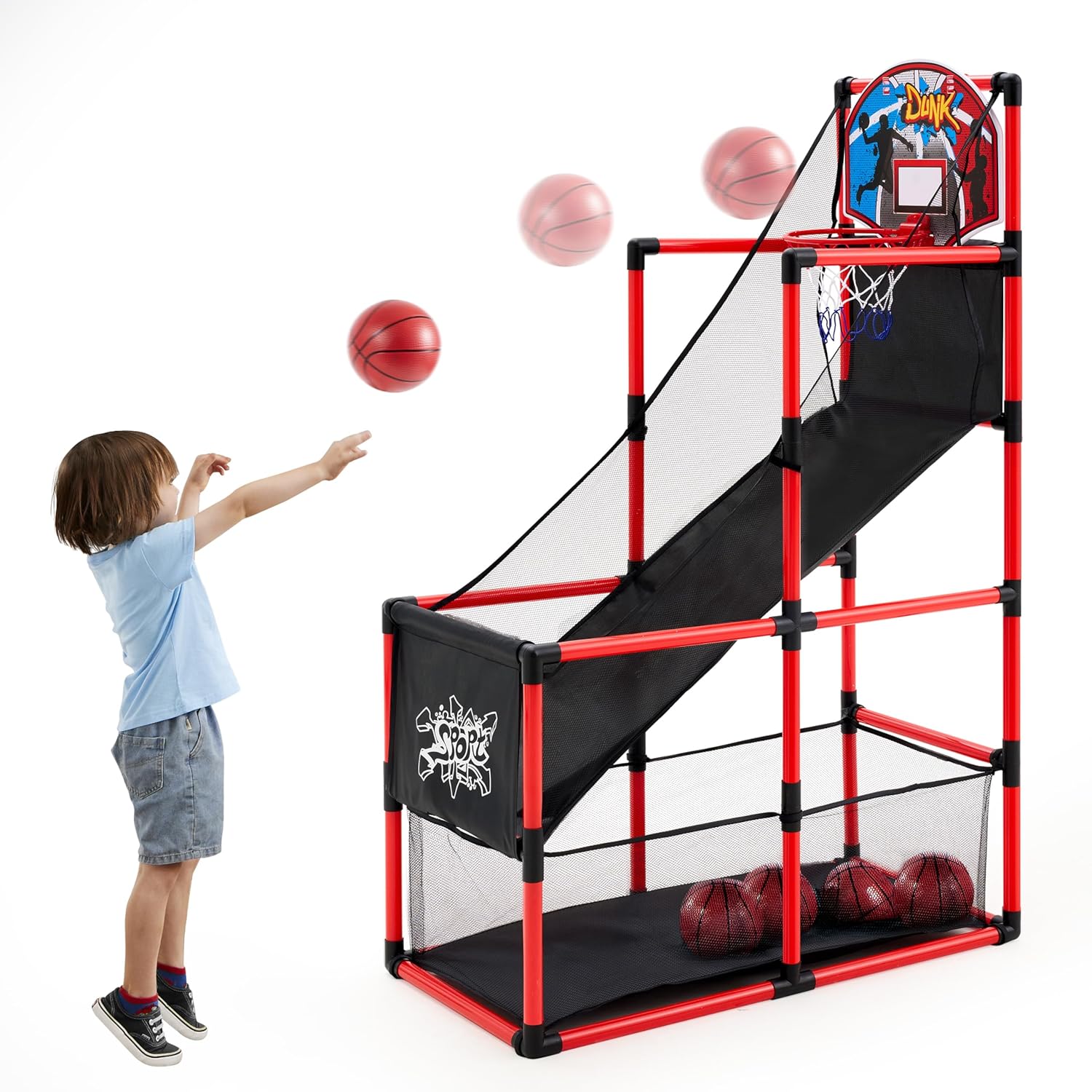 JOYIN Arcade Basketball Game Set with 4 Balls and Hoop for Kids 3 to 12 Years Old Indoor Outdoor Sport Play - Easy Set Up - Air Pump Included - Ideal for Competition