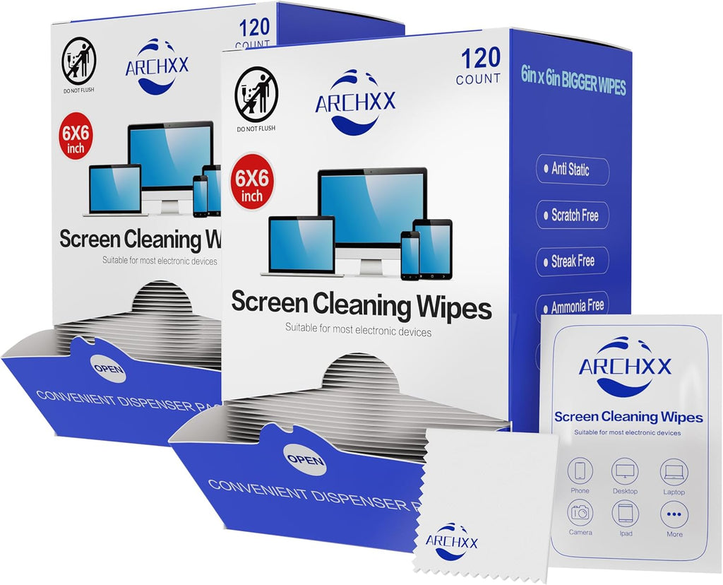 Screen Wipes for Electronics, 120 Count 6"x6" Pre-Moistened Screen Cleaner for Screens, Computer,Laptop,Tablet,Phone,Monitor,Car Screen Cleaner, Lens Wipes Individually Wrapped