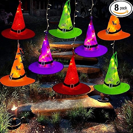 Halloween Decorations Lighted Witch Hats, 8Pcs Hanging Glowing Witch Hats 44ft Halloween Outdoor Lights String with 8 Lighting Modes for Outdoor, Garden, Yard, Tree