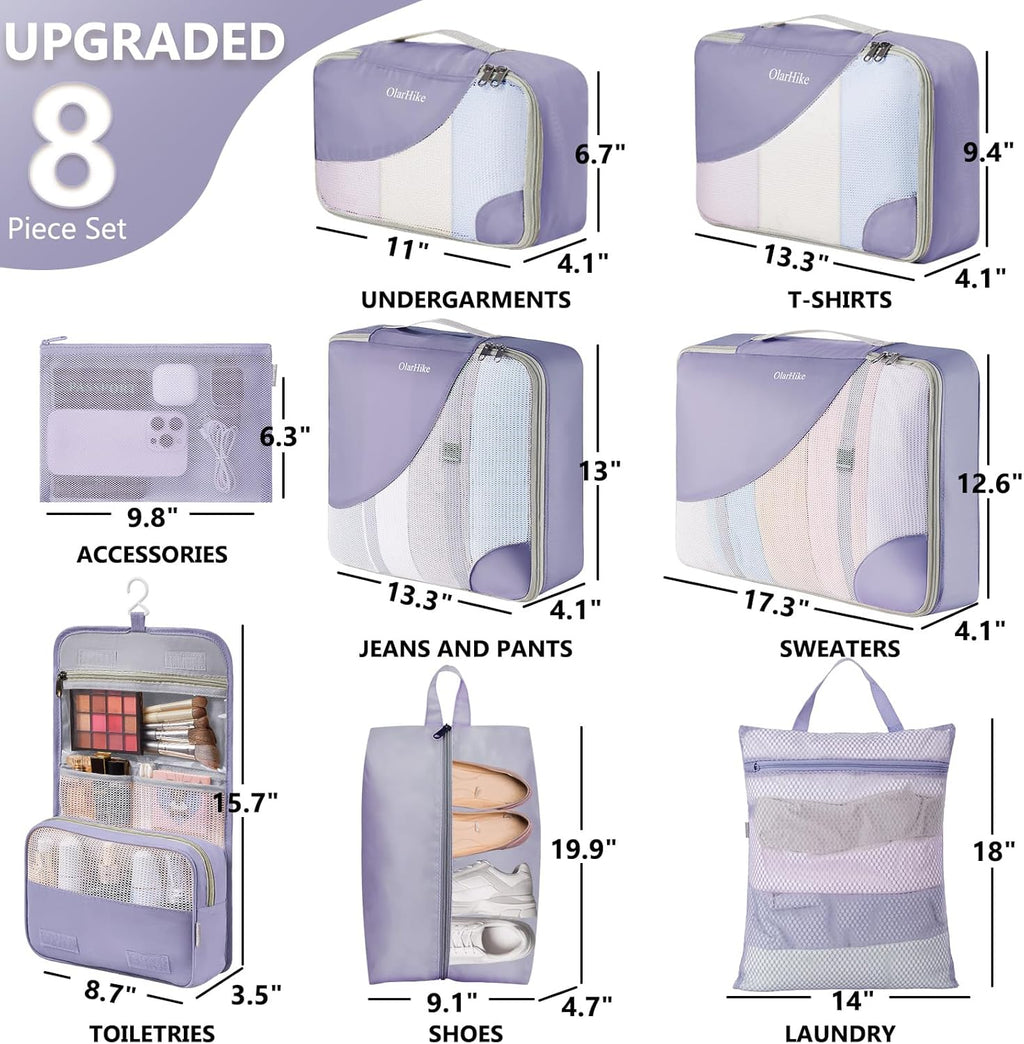 10 Set/8 Set Packing Cubes for Travel, Gifts for Women Mom,Anti-Tearing Suitcase Organizer for Luggage with Shoe & Hanging Toiletry Bag,OlarHike Vacation Essentials & Accessories for Cruise Ship,Cream