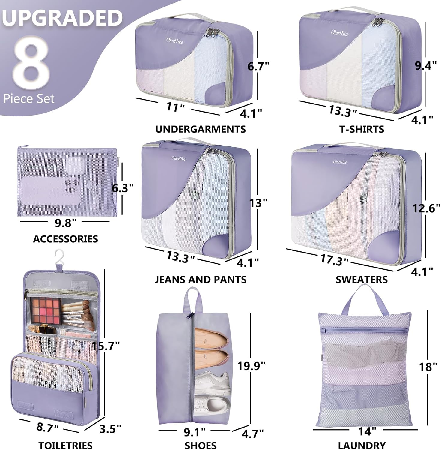 10 Set/8 Set Packing Cubes for Travel, Gifts for Women Mom,Anti-Tearing Suitcase Organizer for Luggage with Shoe & Hanging Toiletry Bag,OlarHike Vacation Essentials & Accessories for Cruise Ship,Cream