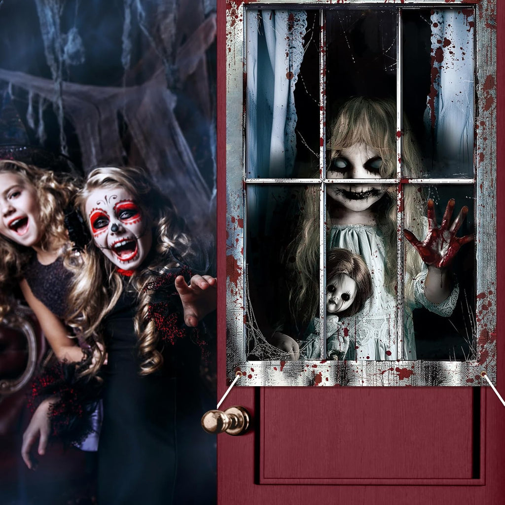 2 Pcs Halloween Clown Scary Curtain Halloween Window Silhouette Decoration Blood Ghost Window Cover Horror Theme Window Poster for Indoor Outdoor Party Wall Garage Door Decor