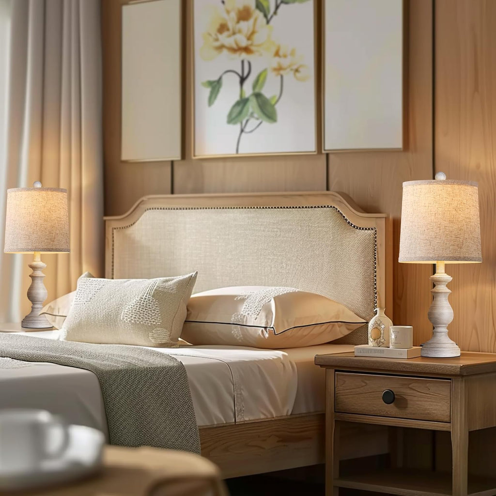 PARTPHONER Traditional Table Lamp Set of 2, Rustic Farmhouse Table Lamps for Living Room Bedroom, 22" Bedside Desk Lamps Vintage Nightstand Lamps with Linen Shades, Antique Grey