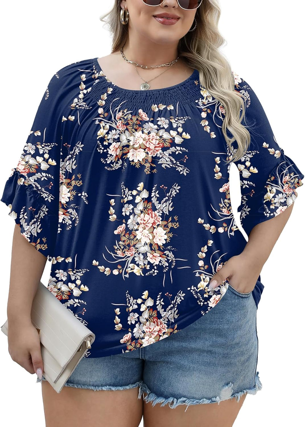 Micoson Womens Plus Size Tops 3/4 Ruffle Sleeve Shirts Crewneck Pleated Blouses Dressy Casual Fashion Tunic Top (1X-5X)