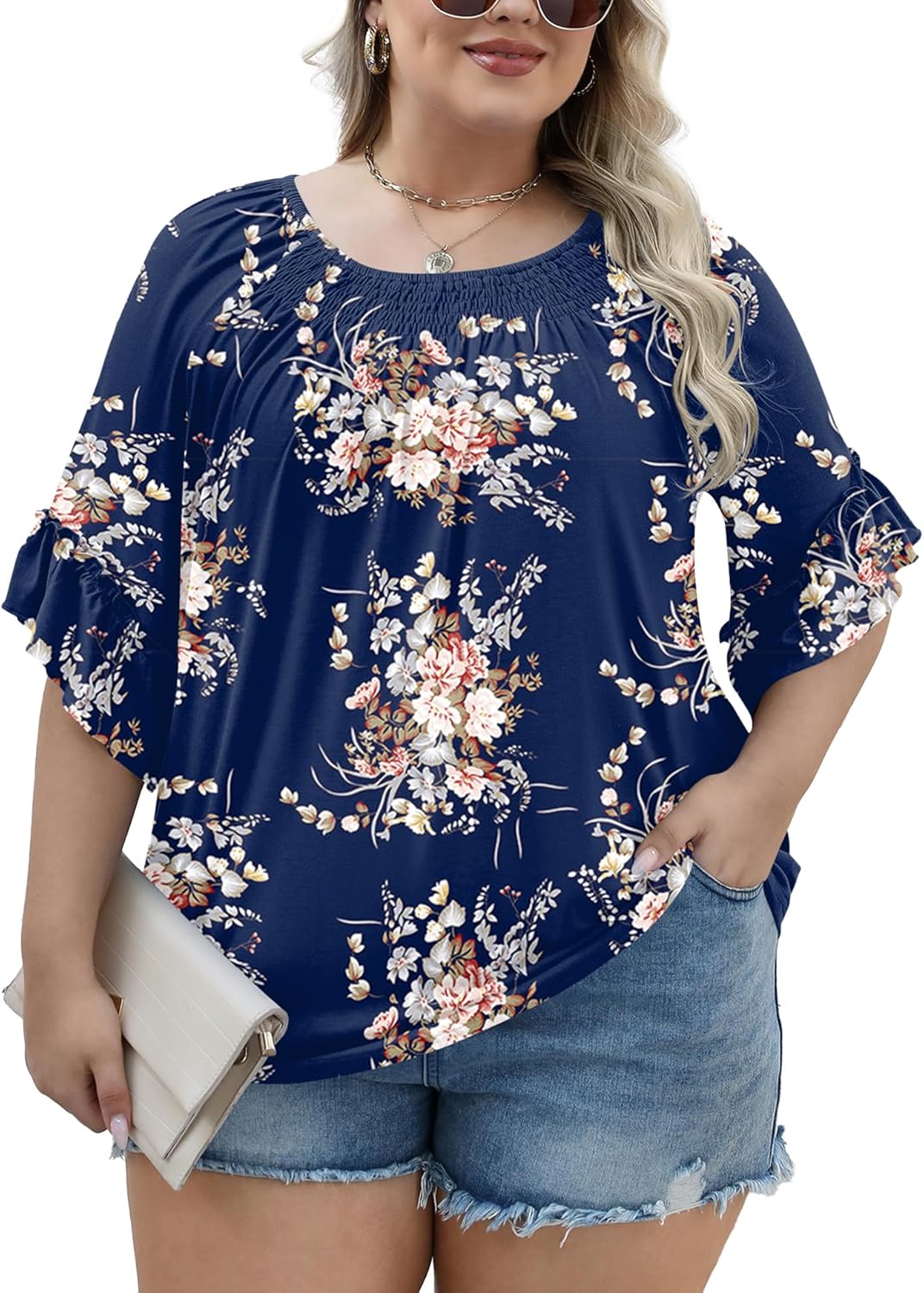 Micoson Womens Plus Size Tops 3/4 Ruffle Sleeve Shirts Crewneck Pleated Blouses Dressy Casual Fashion Tunic Top (1X-5X)