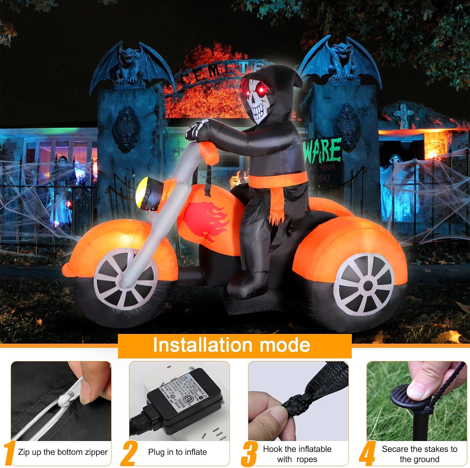 8FT Halloween Inflatables Spider Outdoor Decorations for Yard, Giant Blow up Green Spider with Rotating Fire Flame Light, Large Spooky Spider Props for Halloween Party Garden Lawn House Holiday Decor