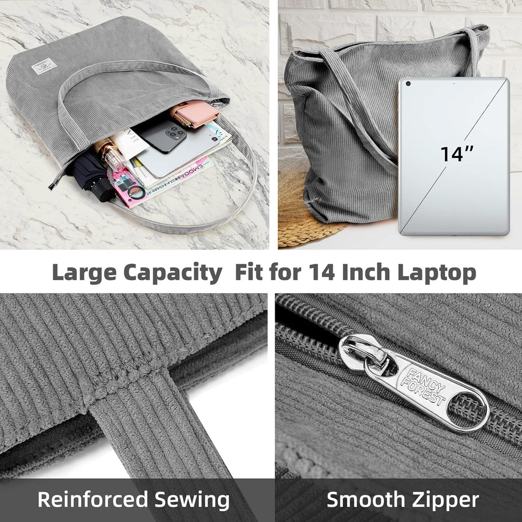 KALIDI Women Corduroy Tote Bag Zipper Casual Tote's Handbag Big Capacity Shoulder Bag with Pockets