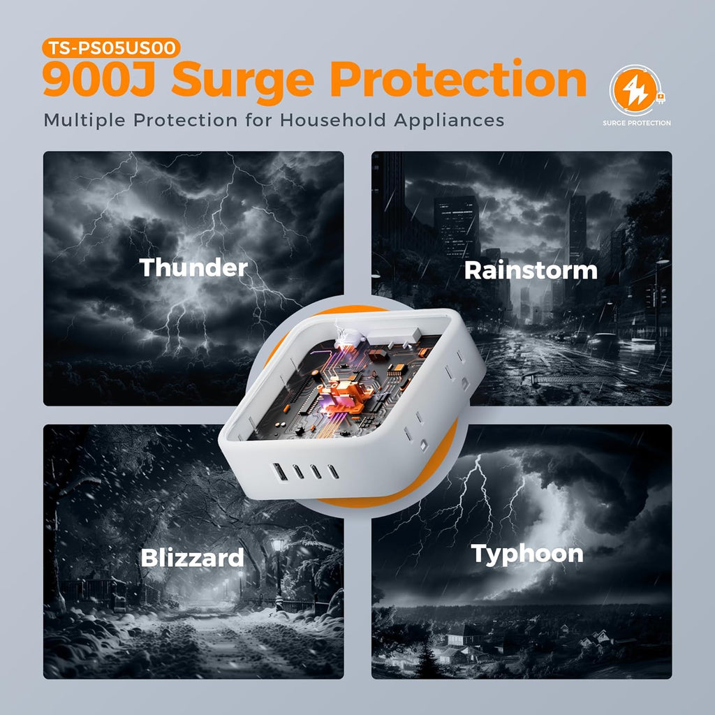 TESSAN Surge Protector Power Strip, 5 Ft Flat Plug Extension Cord with 3 USB (1 USB C) 8 Outlets, 900J Surge Protection, 3 Sided Outlet Extender with Power Switch for Office, Dorm Room Essentials