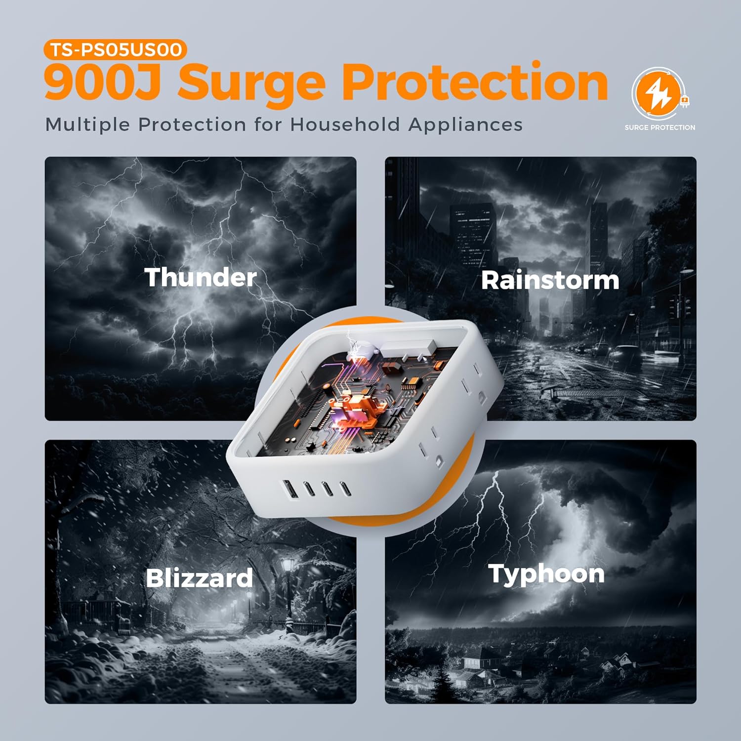 TESSAN Surge Protector Power Strip, 5 Ft Flat Plug Extension Cord with 3 USB (1 USB C) 8 Outlets, 900J Surge Protection, 3 Sided Outlet Extender with Power Switch for Office, Dorm Room Essentials