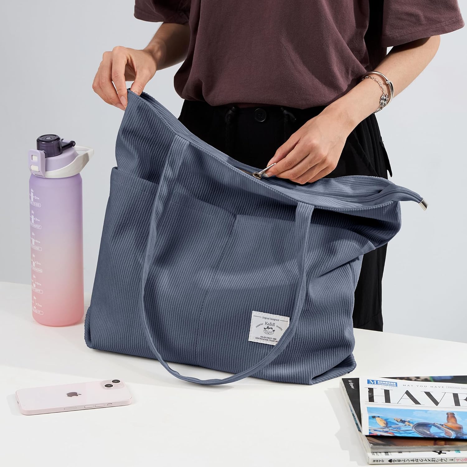 KALIDI Women Corduroy Tote Bag Zipper Casual Tote's Handbag Big Capacity Shoulder Bag with Pockets