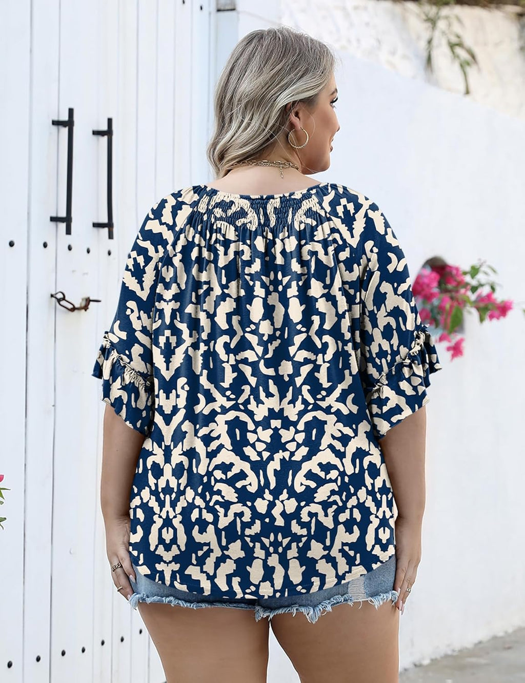 Micoson Womens Plus Size Tops 3/4 Ruffle Sleeve Shirts Crewneck Pleated Blouses Dressy Casual Fashion Tunic Top (1X-5X)