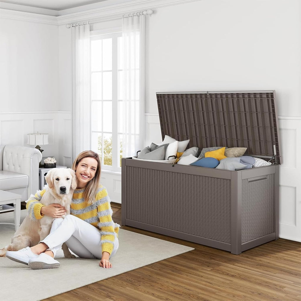 80 Gallon Resin Deck Box, Lockable Patio Outdoor Storage Box for Furniture, Garden Tools and Tools Storage, Waterproof Outside Storage Box - Black