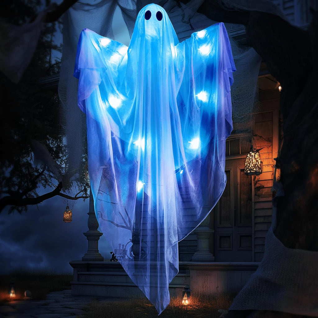 JOYIN Halloween Hanging Light up Ghost with Spooky Blue LED Light, 47” White Ghosts Halloween Hanging Decoration for Front Yard Patio Lawn Garden Party Decor Indoor Outdoor