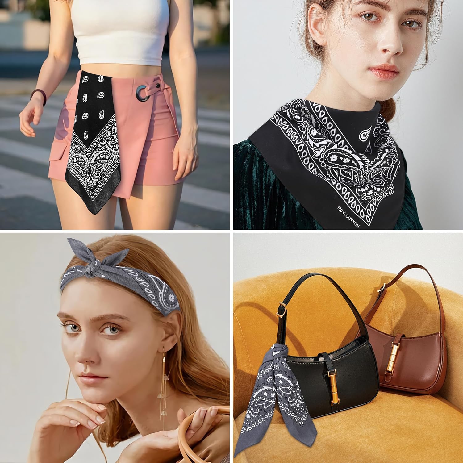 100% Cotton 27" x 27" Large Bandanas for Men & Women, Multi-Purpose Bandana Headbands, Square Head Scarf