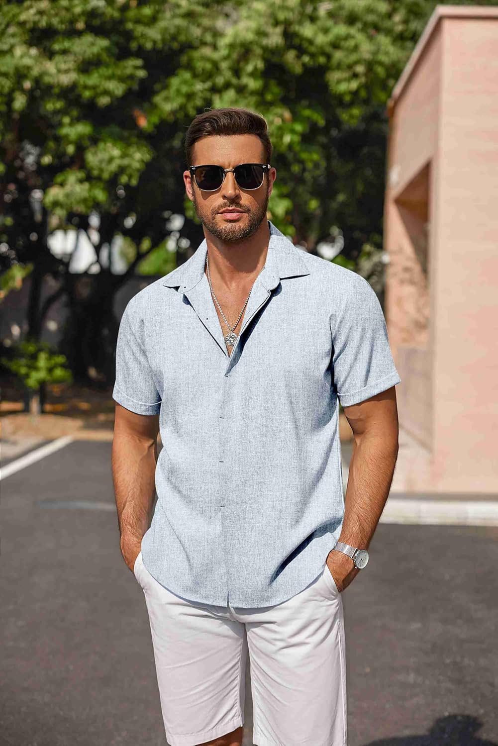 COOFANDY Men's Linen Shirts Short Sleeve Casual Shirts Button Down Shirt for Men Beach Summer Wedding Shirt