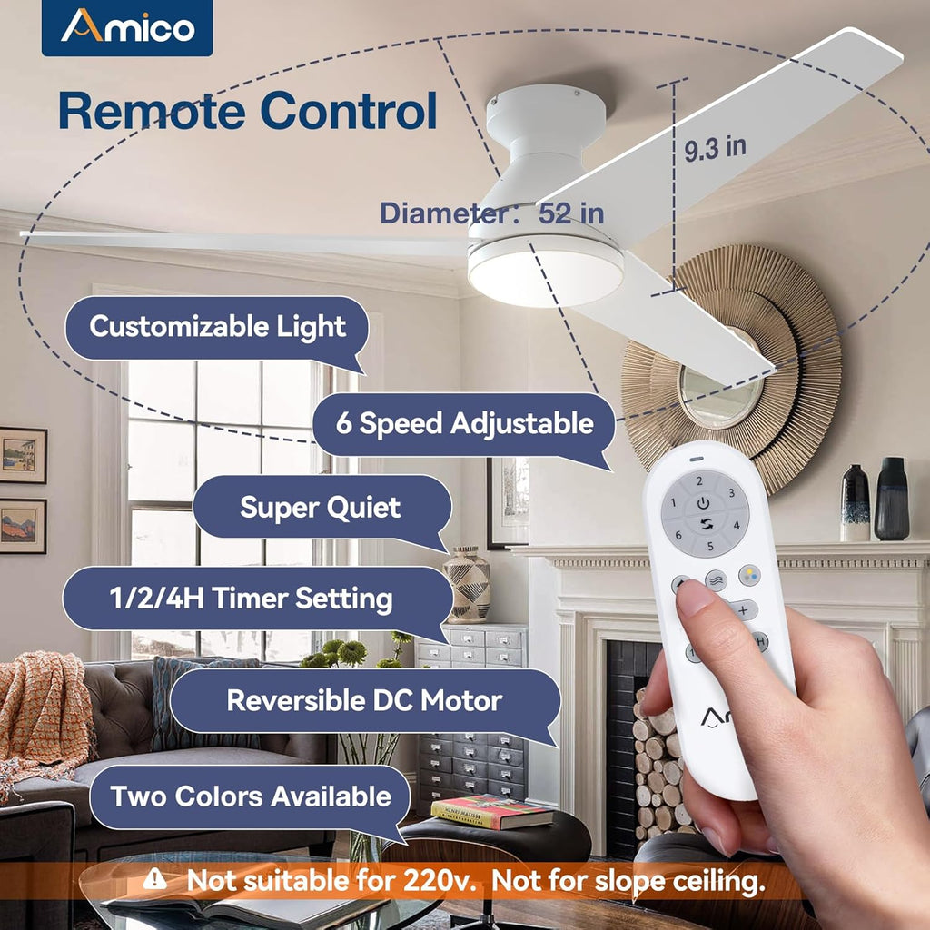 Amico Ceiling Fans with Lights, 42 inch Low Profile Ceiling Fan with Light and Remote Control, Flush Mount, Reversible, 3CCT, Dimmable, Noiseless, Black Ceiling Fan for Bedroom, Indoor/Outdoor Use