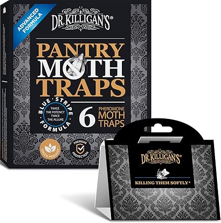 Dr. Killigan's Premium Double Potent Pantry Moth Traps with Pheromones Prime, Sticky Indian Meal Moth Traps for Kitchen, How to Get Rid of Moths in House (6 Pack, Black)