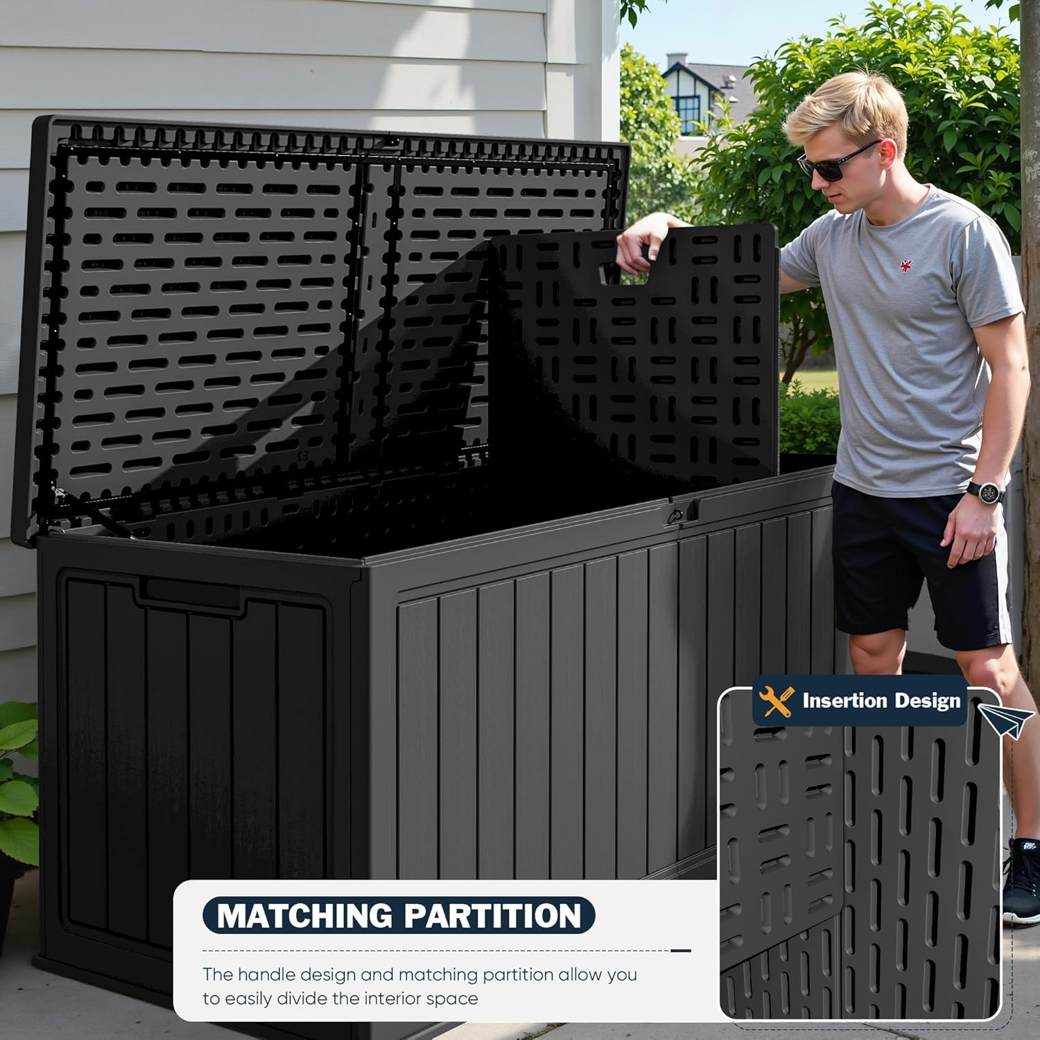 Greesum 31 Gallon Resin Deck Box Large Outdoor Storage for Patio Furniture, Garden Tools, Pool Supplies, Weatherproof and UV Resistant, Lockable, Dark Black