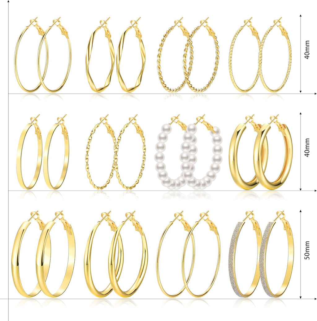 Gold Hoop Earrings Set for Women, 12 Pairs Hypoallergenic Large/Big Thin Thick Gold Hoops Earrings Loop Pack for Jewelry Gift 40mm/50mm