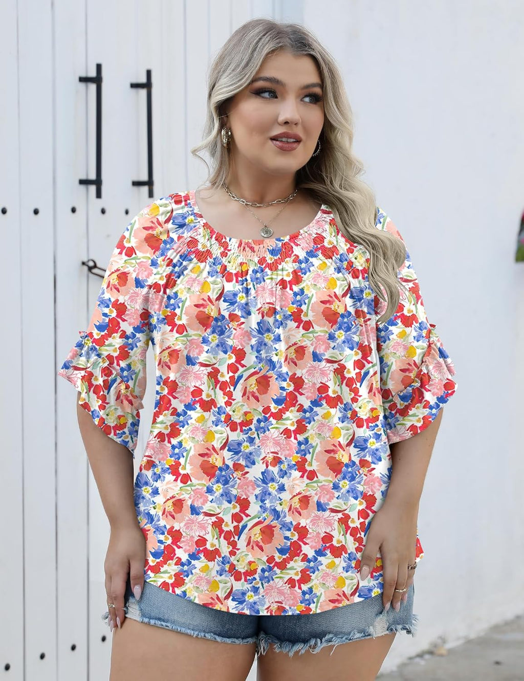 Micoson Womens Plus Size Tops 3/4 Ruffle Sleeve Shirts Crewneck Pleated Blouses Dressy Casual Fashion Tunic Top (1X-5X)