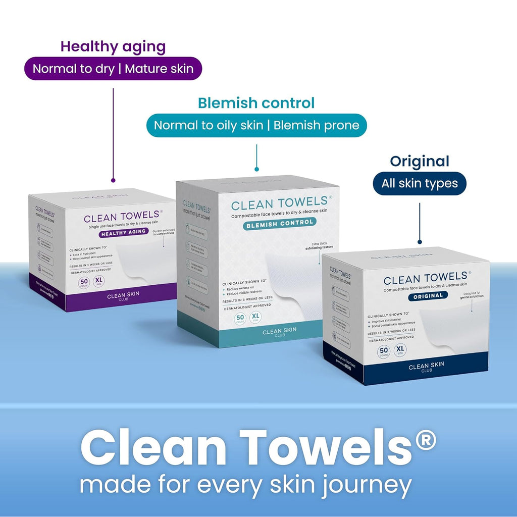 Clean Skin Club Clean Towels XL, 100% USDA Biobased Face Towel, Disposable Face Towelette, Eczema Association Accepted, Makeup Remover Dry Wipes, Ultra Soft, 1 Pack, 50 Ct