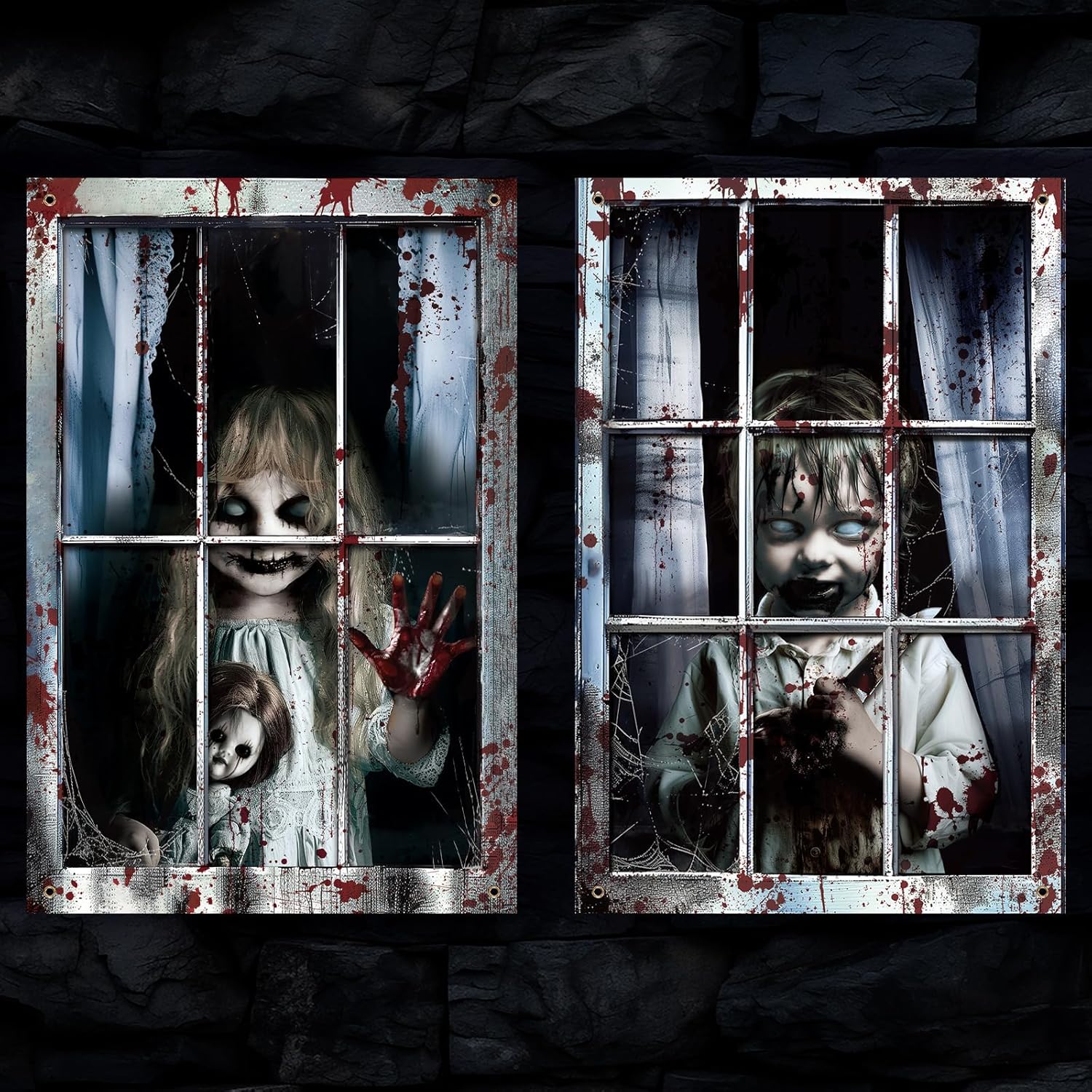 2 Pcs Halloween Clown Scary Curtain Halloween Window Silhouette Decoration Blood Ghost Window Cover Horror Theme Window Poster for Indoor Outdoor Party Wall Garage Door Decor