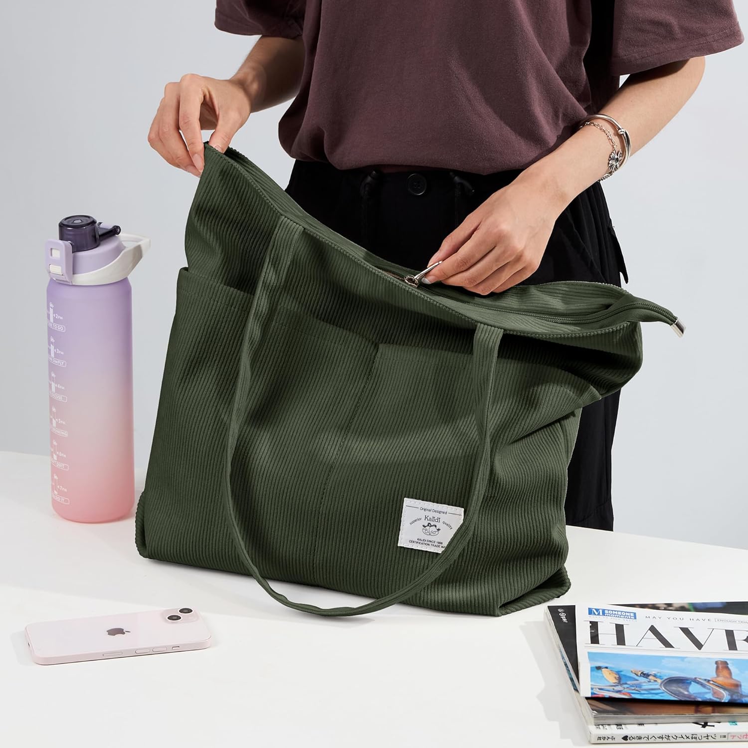 KALIDI Women Corduroy Tote Bag Zipper Casual Tote's Handbag Big Capacity Shoulder Bag with Pockets