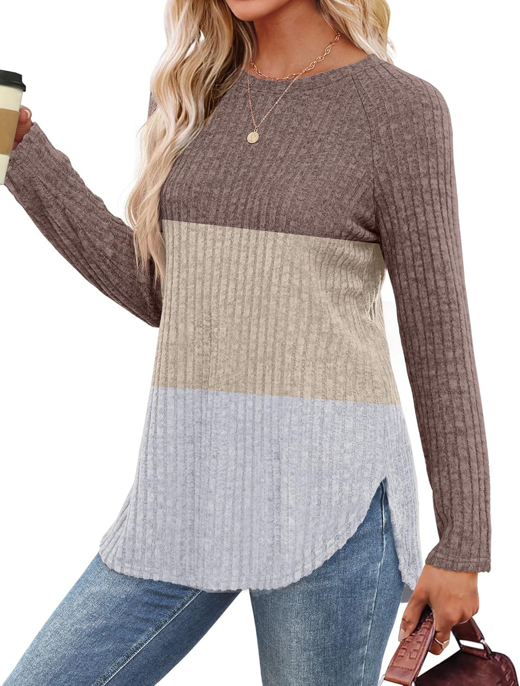 Saloogoe Long Sleeve Shirts for Women 2025 Fall Clothes Tunic Tops Loose Fit Dressy Crewneck Pullover Sweaters Curved Hem