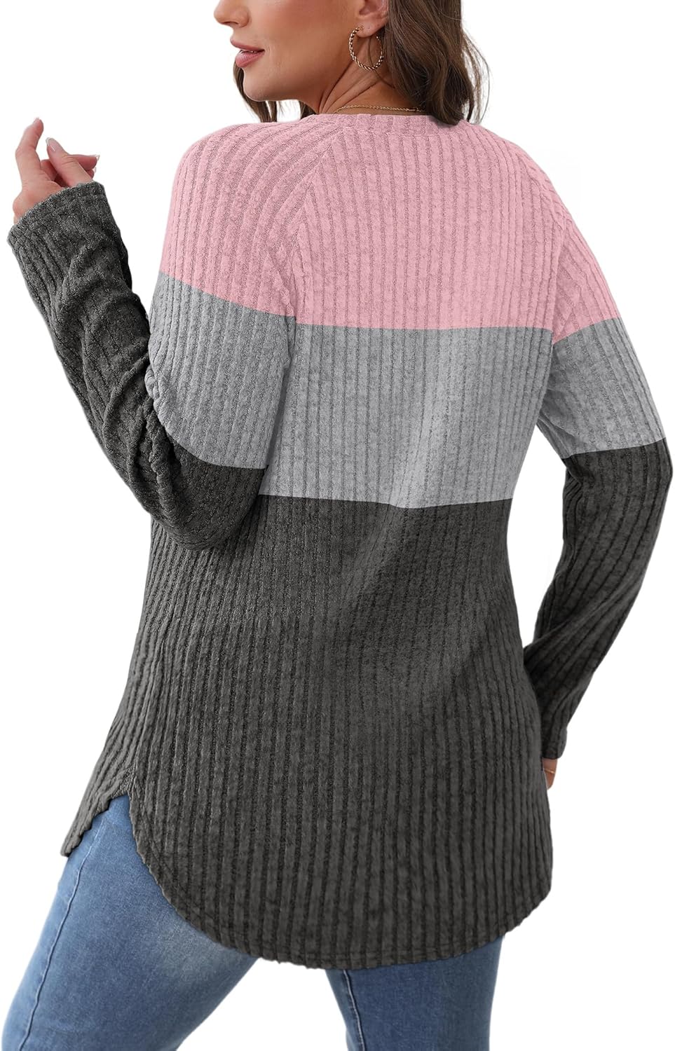 Saloogoe Long Sleeve Shirts for Women 2025 Fall Clothes Tunic Tops Loose Fit Dressy Crewneck Pullover Sweaters Curved Hem