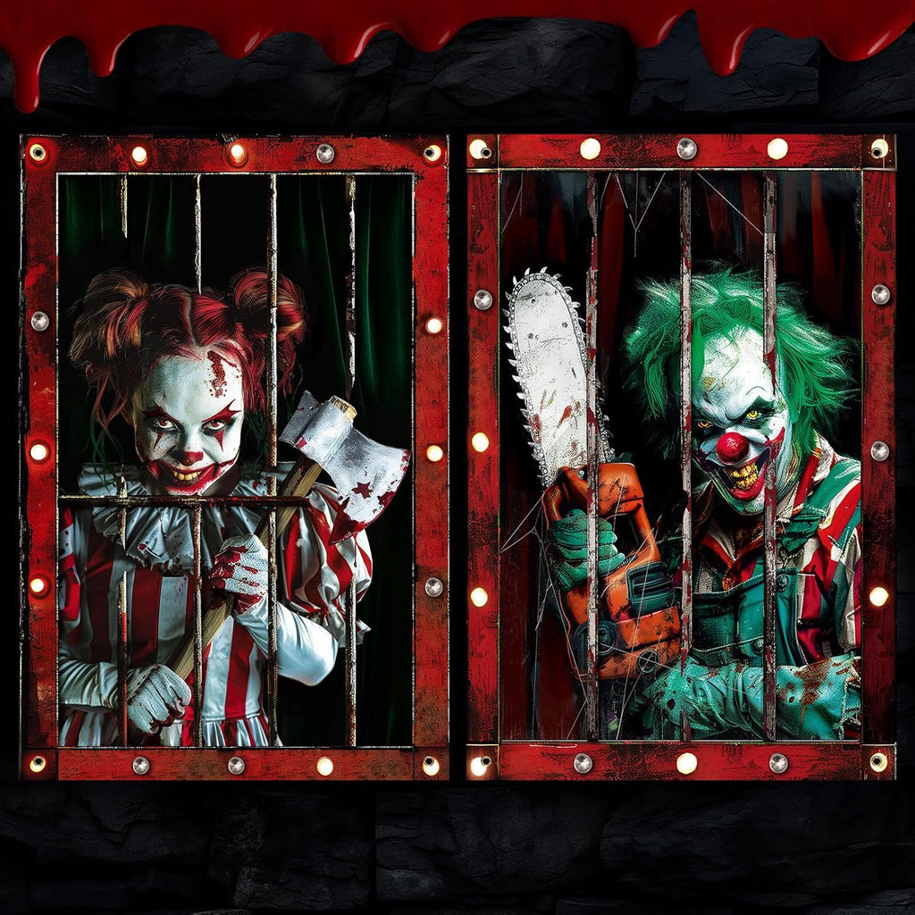 2 Pcs Halloween Clown Scary Curtain Halloween Window Silhouette Decoration Blood Ghost Window Cover Horror Theme Window Poster for Indoor Outdoor Party Wall Garage Door Decor