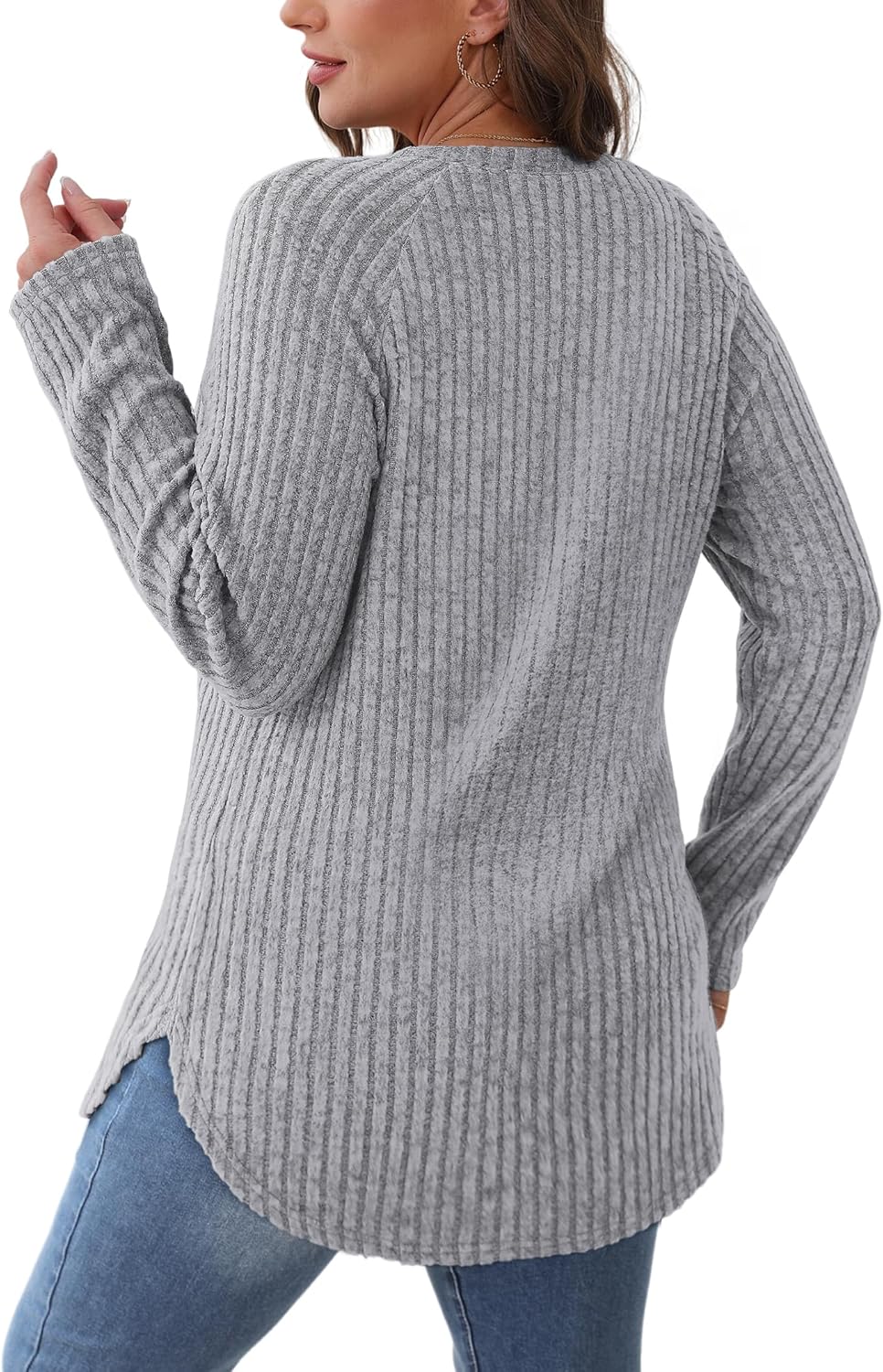 Saloogoe Long Sleeve Shirts for Women 2025 Fall Clothes Tunic Tops Loose Fit Dressy Crewneck Pullover Sweaters Curved Hem