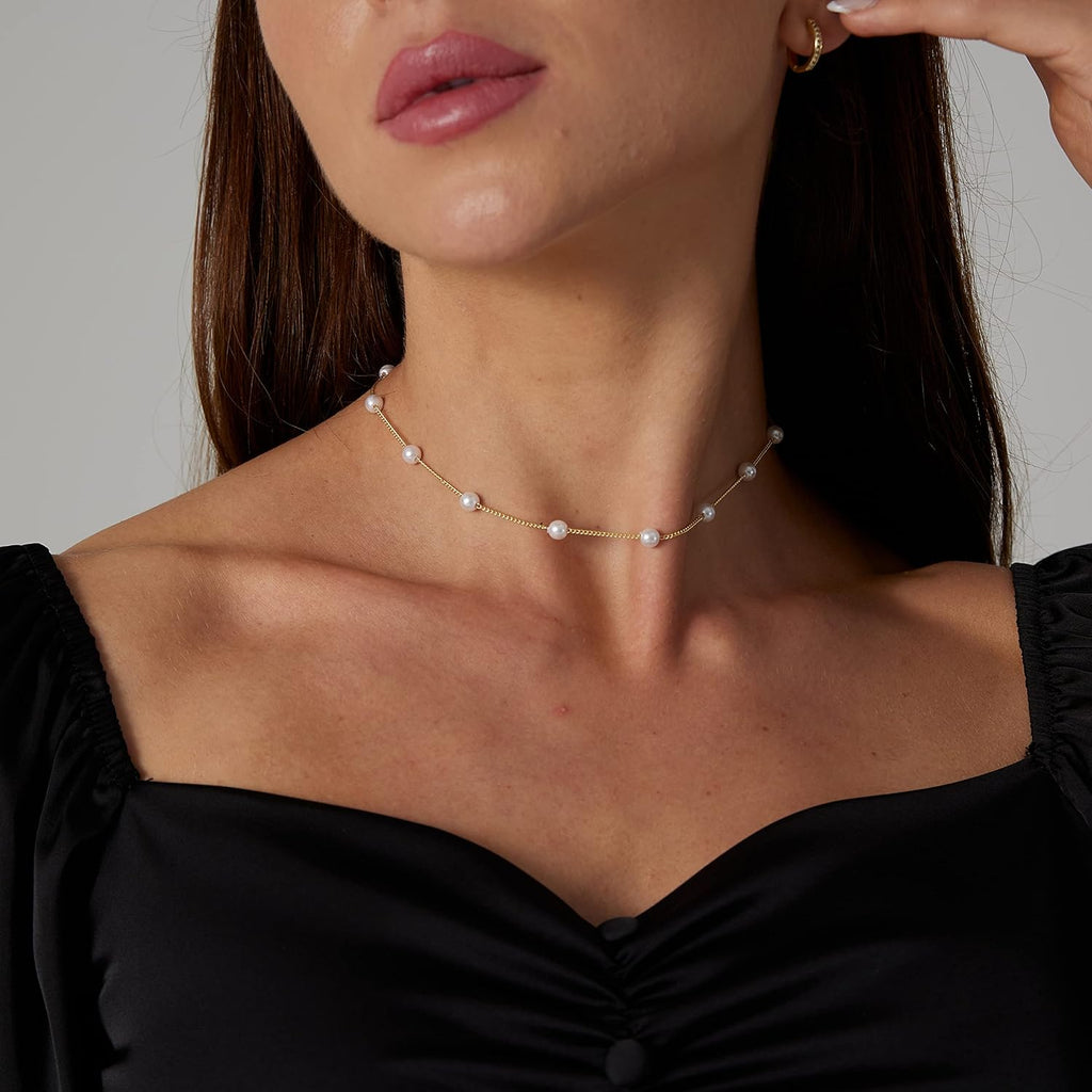 Dainty Pearl Pendant Necklaces for Women 14K Gold Plated Handmade Layered Pearl Chain Necklace Delicate Layered Pearl Necklace Everyday Jewelry Gift