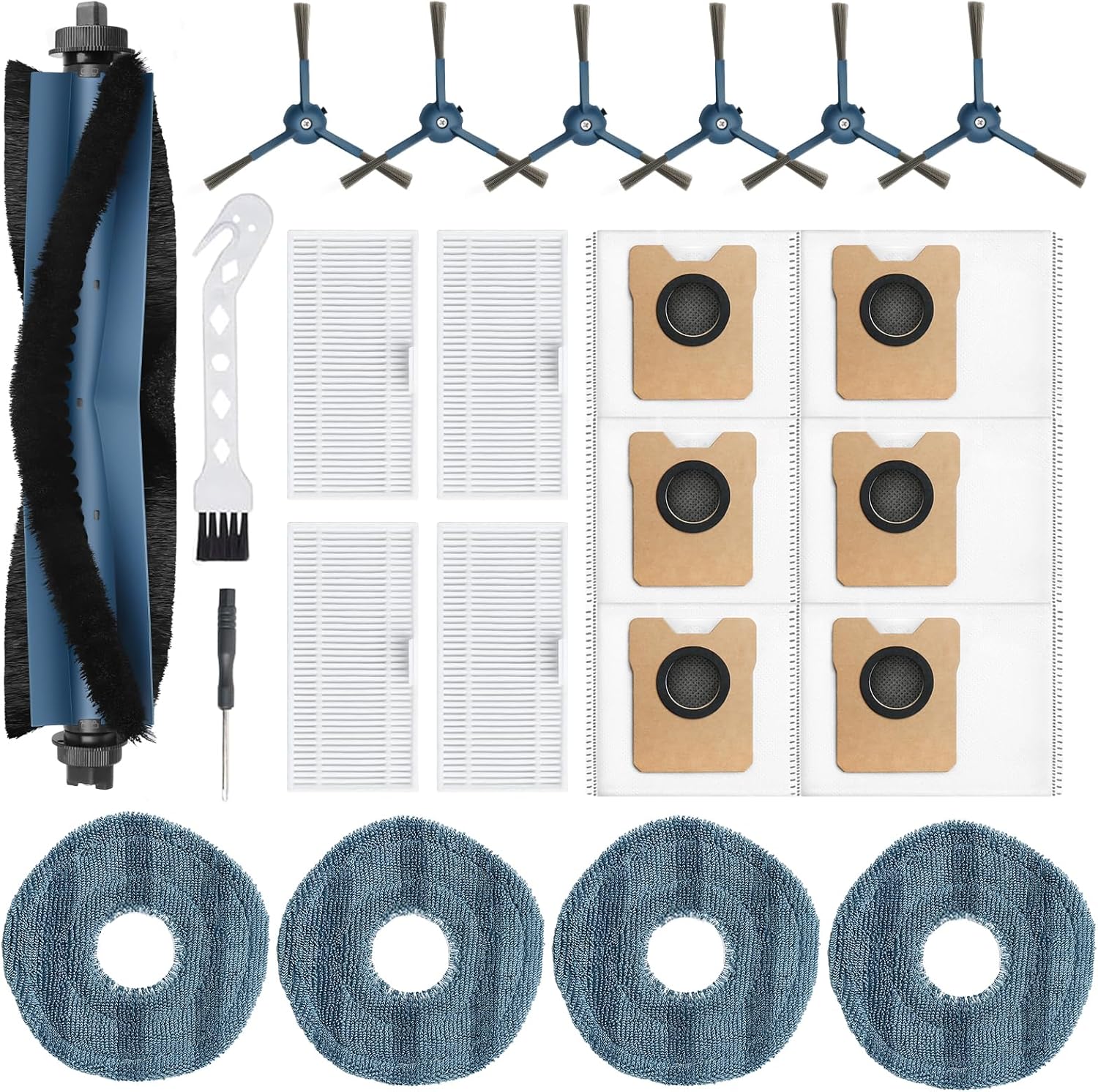 23 Pack C20 Omni Replacement Parts Accessories for Eufy C20 Omni Robot Vacuums kit, 1 Roller Brush, 4 HEPA Filters, 4 Mop Pads, 6 Side Brushes, 6 Dust Bags, 1 Clean Tool, 1 Screwdriver